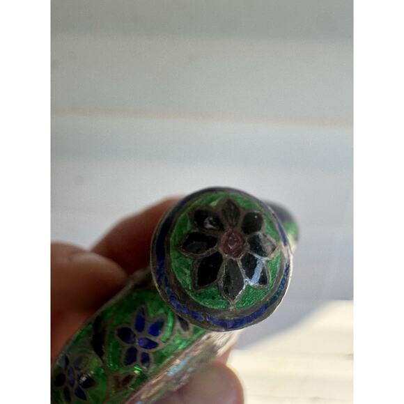 VINTAGE PAINTED ENAMELED INDIAN CLOISONNÉ PERFUME BOTTLE DAUBER 925 Ster SILVER - Picture 6 of 13